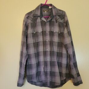 Stetson Shirt Womens‎ Medium Gray Plaid Blouse Pearl Snap Western Southwestern